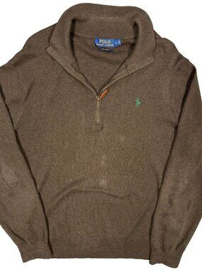 Polo Ralph Lauren 1/4 Zip Sweater Brown Knit Pima Cotton Pullover Large